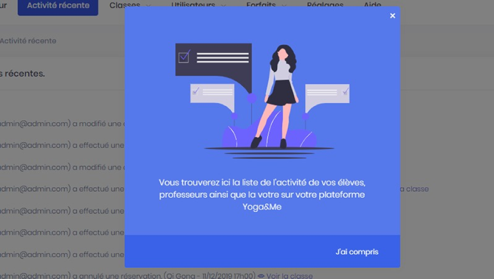 Interface Admin Yoga&Me