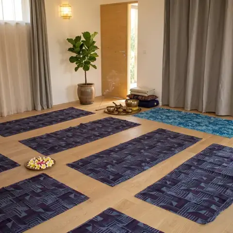 Salle de pratique de 32 m² avec parquet en chêne clair, baignée de lumière naturelle, prête pour un stage de yoga ou de méditation à l'Espace Ker Gana.