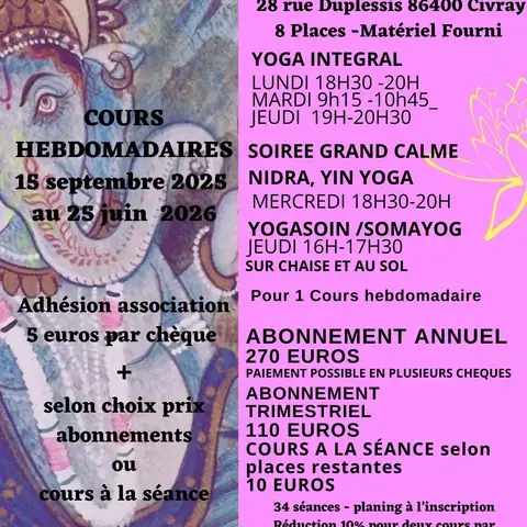 Cours yoga hebdomadaires Civray 