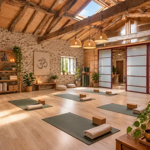 Salle de pratique de 60 m² du Domaine de La Planésié, parquet et charpente apparente, aménagée pour un stage de yoga