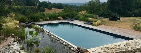 Piscine avec vue jouxtant le bassin de nénuphars