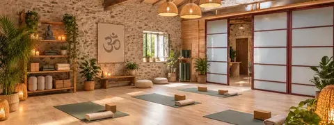 Salle de pratique de 60 m² du Domaine de La Planésié en configuration yoga, tapis au sol, parquet et charpente apparente